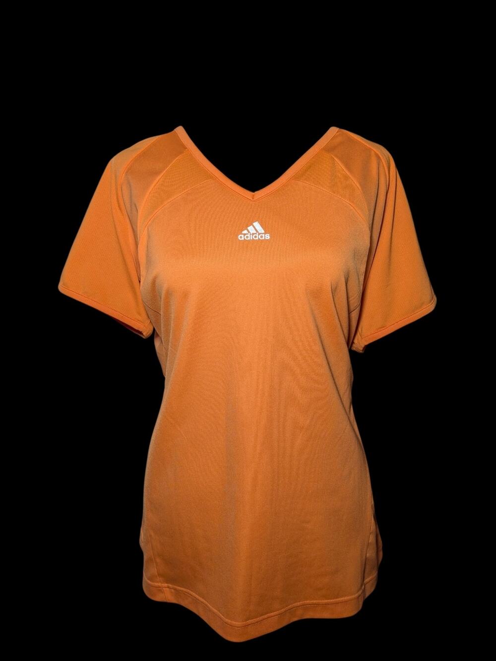 Vintage adidas Womens V-Neck Short Sleeve T-Shirt Orange Textured Knit Sz XL